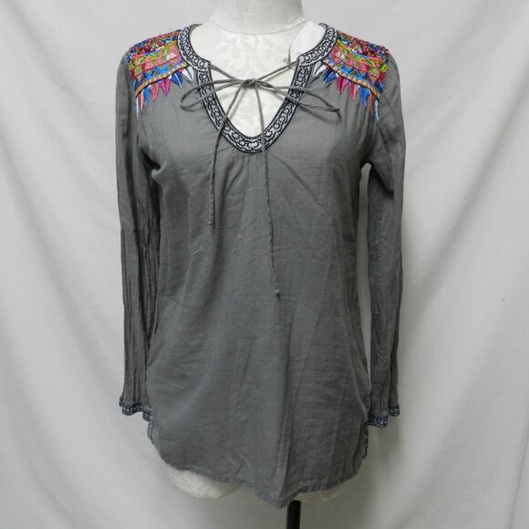 Johnny Was Biya Embroidered tunic top blouse gray Cotton Size Sz X-Small XS - Picture 1 of 13